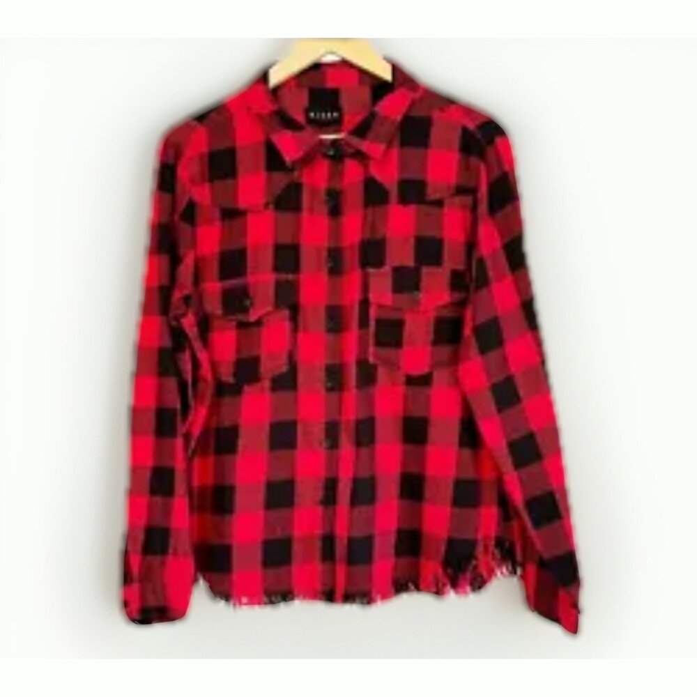 Risen Red Buffalo Plaid Flannel Top Size Large Button Up Raw Hem Grunge Western